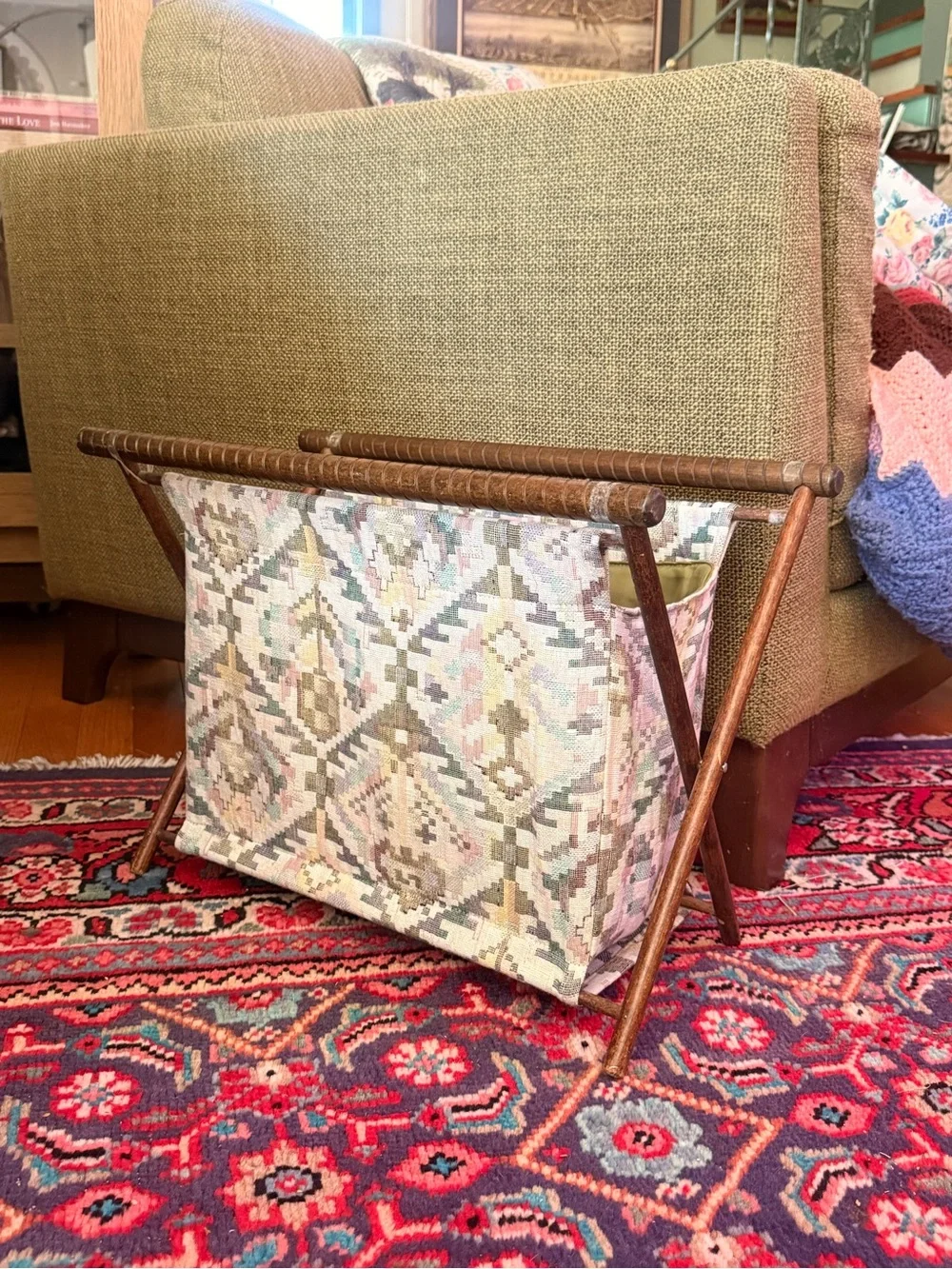 Vintage Tapestry Magazine Rack/Yarn Bag in Muted Pastel Geometric Kilim